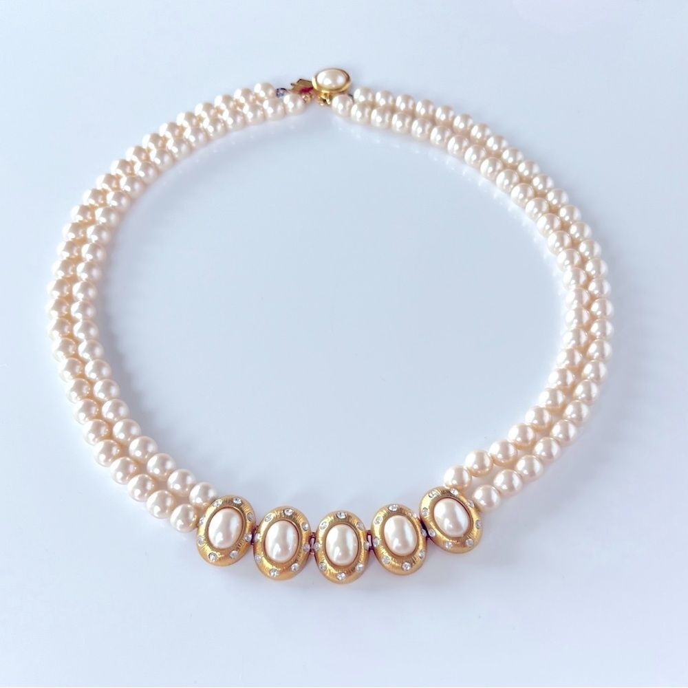 Vintage Double Strand Glass Pearl Gold Encrusted Necklace